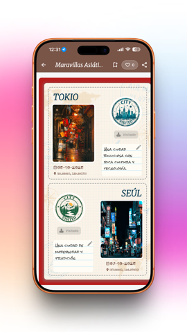 Pasaporte digital de Stamport mostrando sellos de Tokio y Seúl