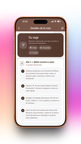 Pantalla de Stamport con un itinerario generado por IA, día a día y con paradas