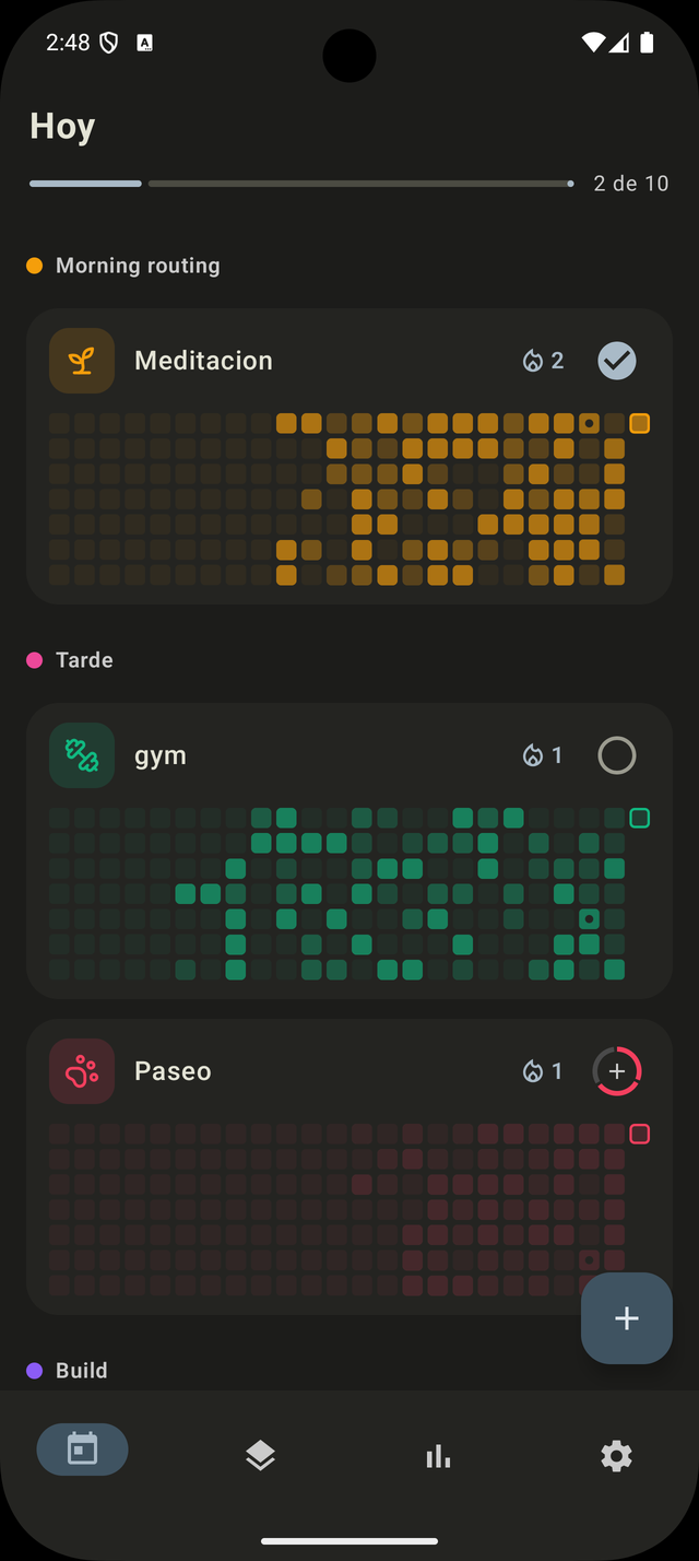 Kiu app — today view with habit stacks and progress heatmaps